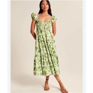Abercrombie & Fitch Flutter Sleeve Poplin Midaxi Dress Green Floral Sz XS